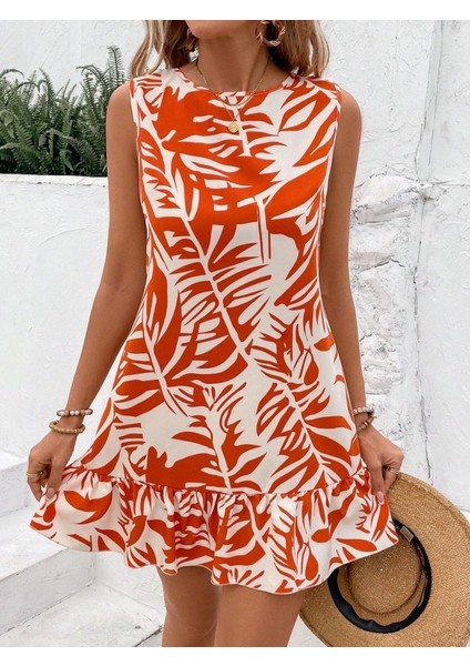 Kadın Sıfır Kollu Bisiklet Yakalı Fırfırlı Desenli Sofya Elbise fiyatları