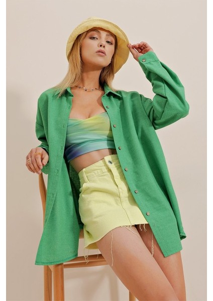 Kadın Keten Kumaş Oversize Gömlek