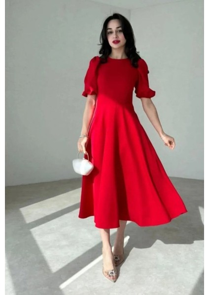 Kadın Kısa Balon Kollu Bisiklet Yaka Geniş Kesim Janjan Krep Elbise