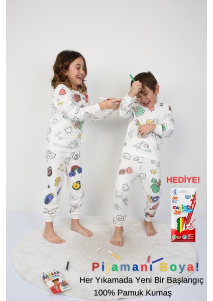 Boyanabilir Çocuk Pijama Takımı + Kalem I Renkli Rüyalar I Her Yıkamada Yeniden Tasarla