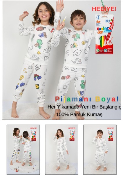 Boyanabilir Çocuk Pijama Takımı + Kalem I Renkli Rüyalar I Her Yıkamada Yeniden Tasarla