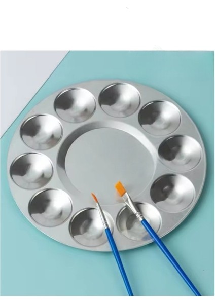 Yuvarlak Metal Palet 3 Adet Metal Boya Paleti 10 Hazneli 17 cm Paslanmaz Resim Boyama Paleti Fırça