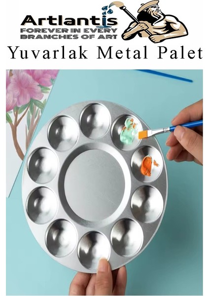 Yuvarlak Metal Palet 3 Adet Metal Boya Paleti 10 Hazneli 17 cm Paslanmaz Resim Boyama Paleti Fırça
