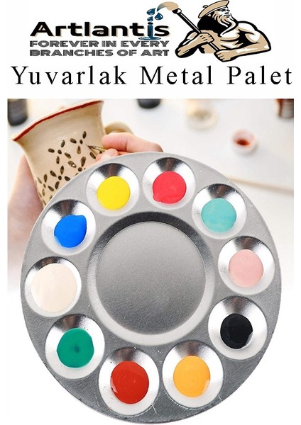 Yuvarlak Metal Palet 3 Adet Metal Boya Paleti 10 Hazneli 17 cm Paslanmaz Resim Boyama Paleti Fırça