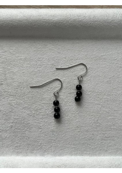 Minimal Siyah Turmalin Taşı Gümüş Kaplama Sallantı Küpe