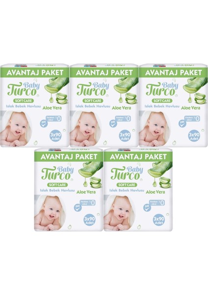 Islak Havlu Mendil Soft Care Aloe Vera 90 Yaprak (15 Li Set) (5pk*3) 1350 Yaprak
