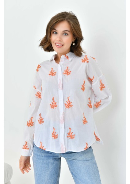 Kadın Oranj Çiçek Nakış Işlemeli Ince Pamuk Dokuma Gömlek fiyatları