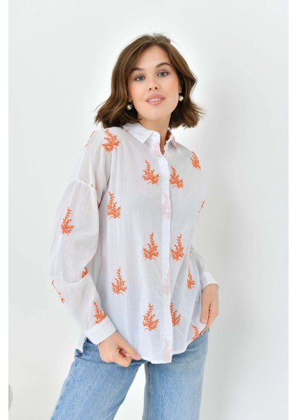 Kadın Oranj Çiçek Nakış Işlemeli Ince Pamuk Dokuma Gömlek modelleri