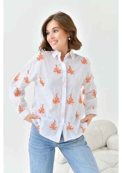 Kadın Oranj Çiçek Nakış Işlemeli Ince Pamuk Dokuma Gömlek fırsatları