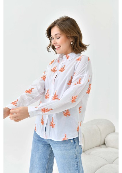 Kadın Oranj Çiçek Nakış Işlemeli Ince Pamuk Dokuma Gömlek indirimleri