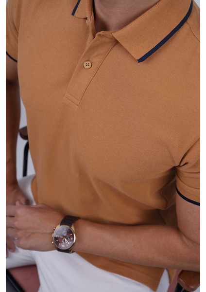 Taba Lacivert Yaka Çizgili Erkek Polo Yaka Tişört