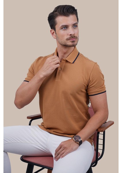 Taba Lacivert Yaka Çizgili Erkek Polo Yaka Tişört modelleri