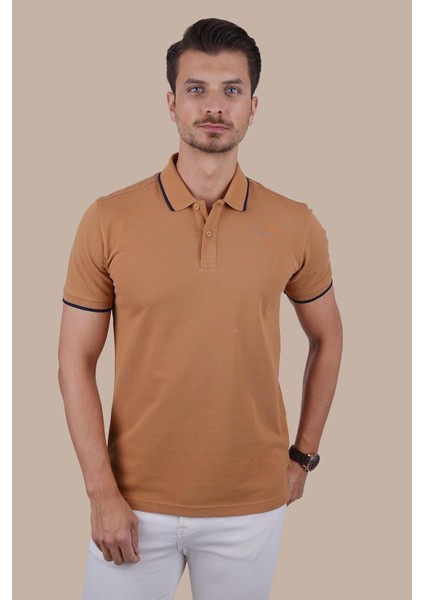 Taba Lacivert Yaka Çizgili Erkek Polo Yaka Tişört indirimleri