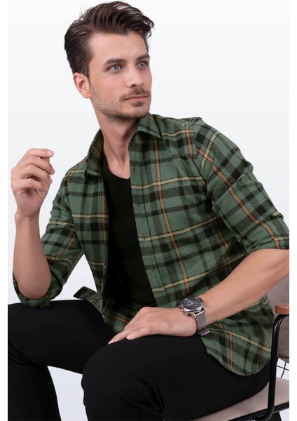 Yeşil Turuncu Çizgili Slimfit Oduncu Erkek Gömlek fiyatları