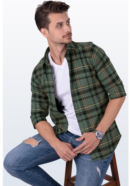 Yeşil Turuncu Çizgili Slimfit Oduncu Erkek Gömlek modelleri