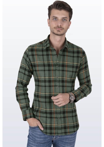 Yeşil Turuncu Çizgili Slimfit Oduncu Erkek Gömlek indirimleri