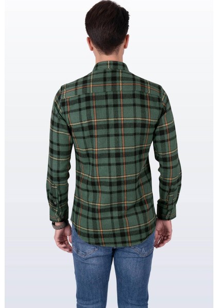 Yeşil Turuncu Çizgili Slimfit Oduncu Erkek Gömlek