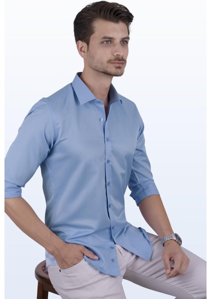Şeker Mavisi Saten Slimfit Erkek Gömlek