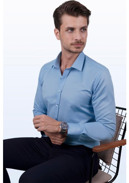 Şeker Mavisi Saten Slimfit Erkek Gömlek