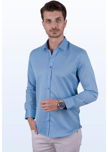 Şeker Mavisi Saten Slimfit Erkek Gömlek