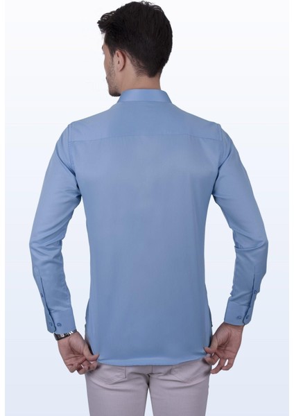 Şeker Mavisi Saten Slimfit Erkek Gömlek