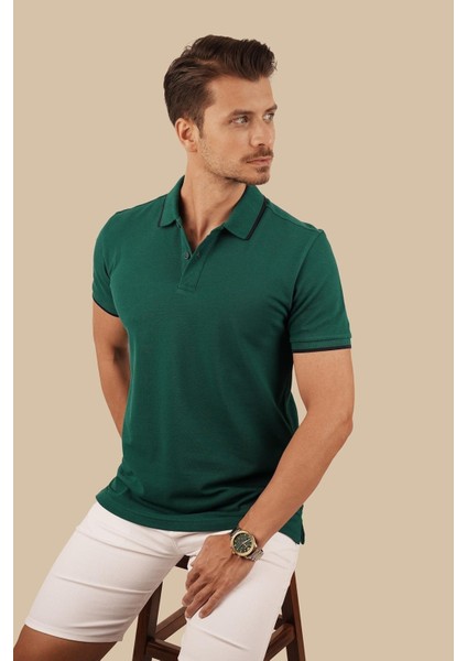 Yeşil Lacivert Yaka Çizgili Erkek Polo Yaka Tişört modelleri