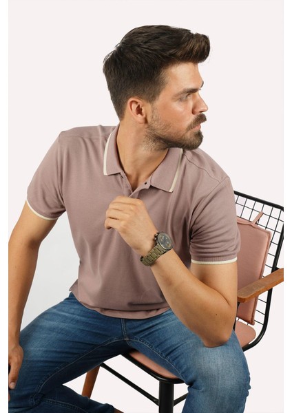 Vizon Bej Yaka Çizgili Erkek Polo Yaka Tişört modelleri