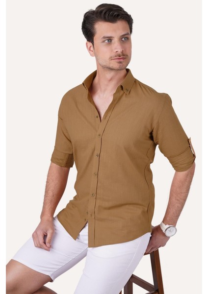 Taba Yaka Düğmeli Keten Slimfit Erkek Gömlek modelleri