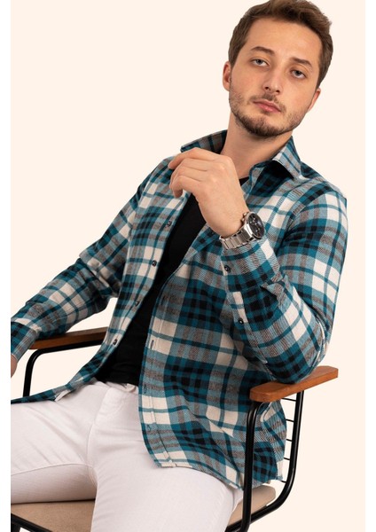 Turkuaz Slimfit Oduncu Hediye Kutulu Erkek Gömlek