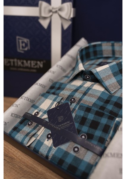 Turkuaz Slimfit Oduncu Hediye Kutulu Erkek Gömlek