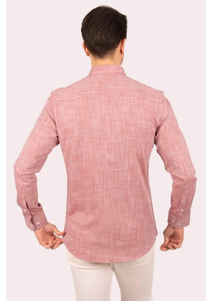 Vişne Yaka Düğmeli Keten Slimfit Erkek Gömlek