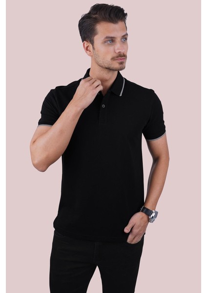 Siyah Gri Yaka Çizgili Erkek Polo Yaka Tişört
