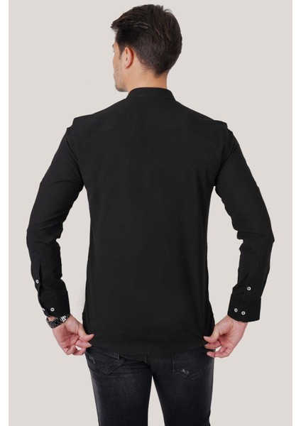 Siyah Hakim Yaka Slimfit Keten Erkek Gömlek