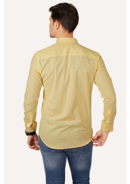 Sarı Yaka Düğmeli Keten Slimfit Erkek Gömlek