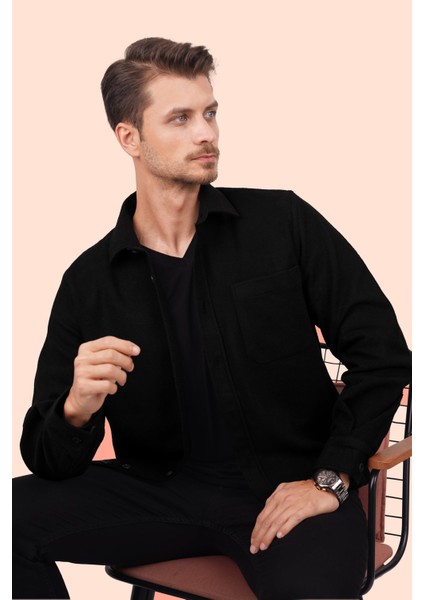 Siyah Düz Oversize Oduncu Erkek Gömlek modelleri