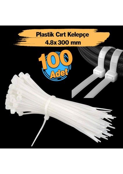 Plastik Cırt Kelepçe (100 Adet)0 4.8X300 mm Beyaz Renk Zip Kablo Bağı Çok Amaçlı Bağlama