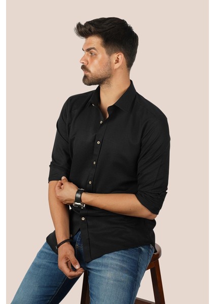 Siyah Kahve Düğmeli Baklava Desen Slimfit Erkek Gömlek