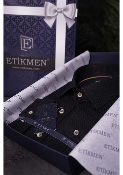 Siyah Kahve Düğmeli Baklava Desen Slimfit Erkek Gömlek