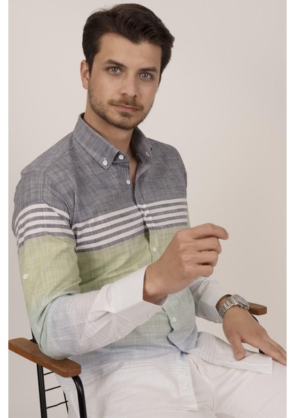 Panolu Gri Yeşil Çizgili Keten Slimfit Erkek Gömlek modelleri