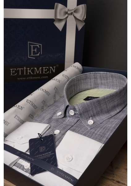 Panolu Gri Yeşil Çizgili Keten Slimfit Erkek Gömlek