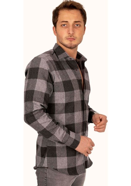 Siyah Füme Dama Slimfit Oduncu Erkek Gömlek
