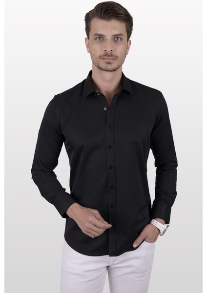 Siyah Saten Slimfit Erkek Gömlek indirimleri