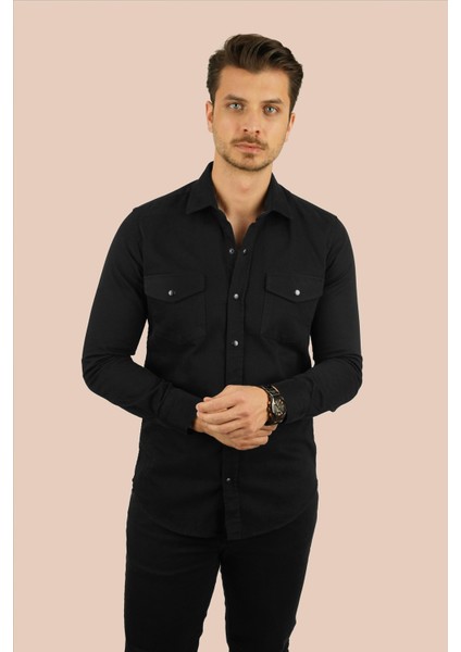 Siyah Slimfit Gerçek Kot Erkek Gömlek modelleri