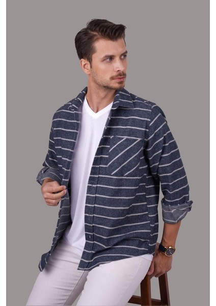 Mavi Beyaz Çizgili Oversize Oduncu Erkek Gömlek
