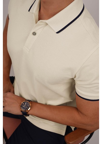 Bej Lacivert Yaka Çizgili Erkek Polo Yaka Tişört