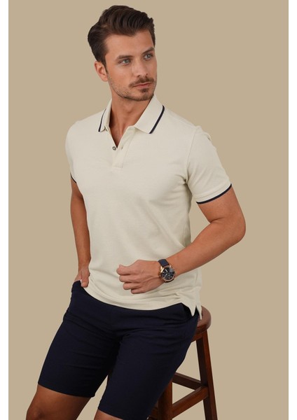 Bej Lacivert Yaka Çizgili Erkek Polo Yaka Tişört modelleri