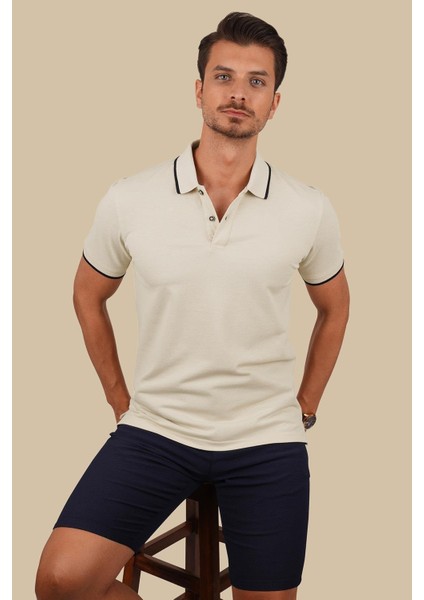 Bej Lacivert Yaka Çizgili Erkek Polo Yaka Tişört