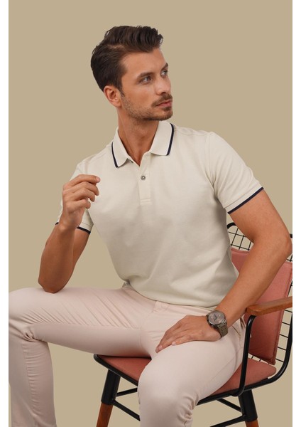 Bej Lacivert Yaka Çizgili Erkek Polo Yaka Tişört indirimleri