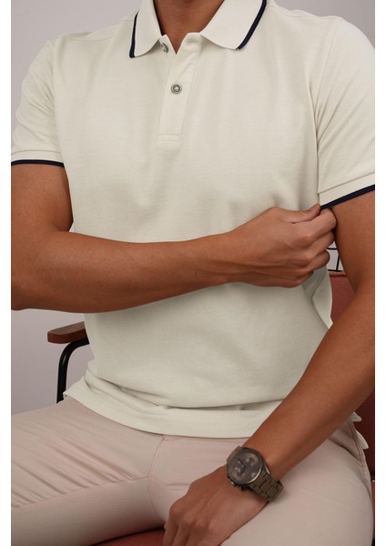 Bej Lacivert Yaka Çizgili Erkek Polo Yaka Tişört fiyatları