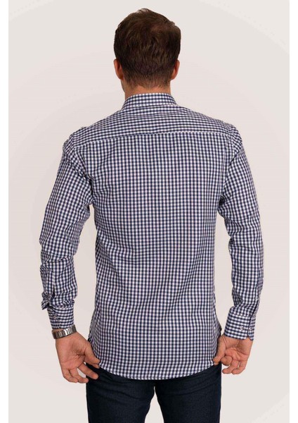 Beyaz Lacivert Kareli Slimfit Erkek Gömlek